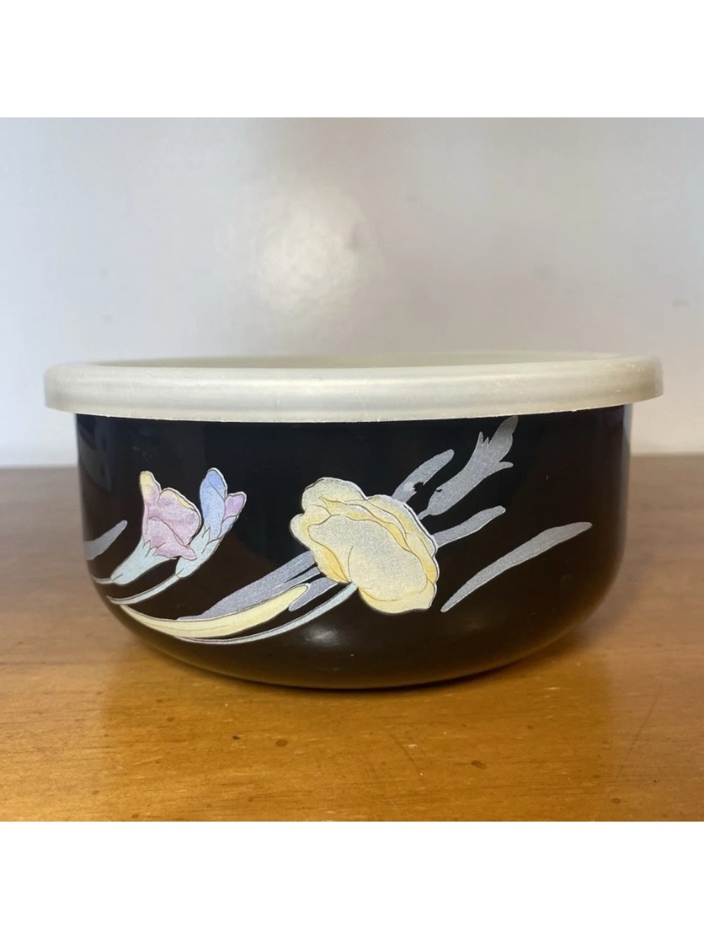 Vintage Mikasa Black Charisma Iris Floral Enamel Metal Nesting Bowl With Lid